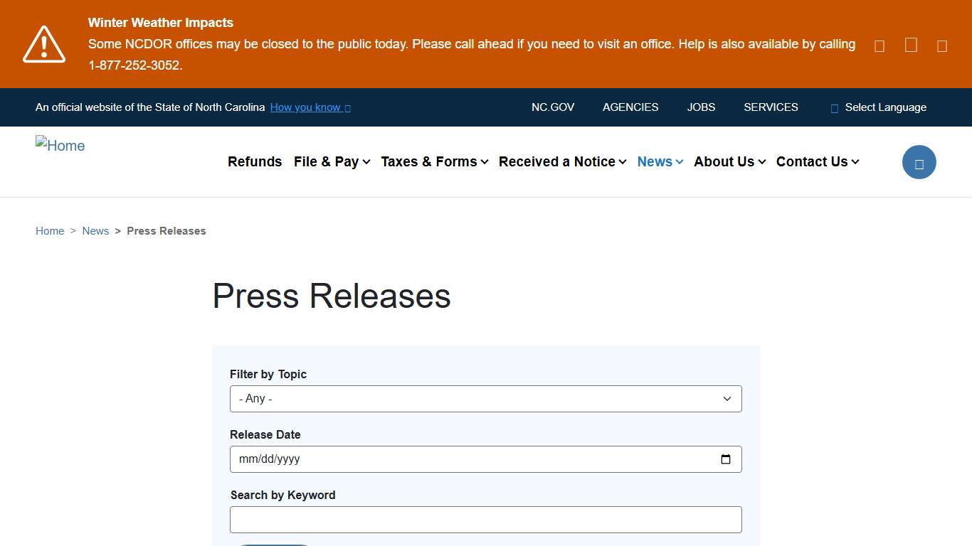 Press Releases NCDOR