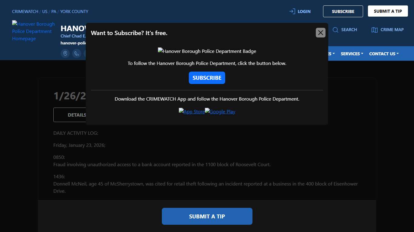 1/26/25 Daily Log Hanover Borough Police Department